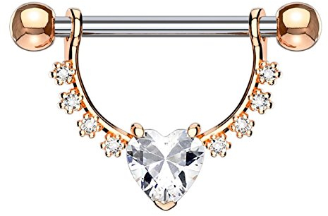 beyoutifulthings Brustwarzen-Piercing GROSSES Herz Intim-Piercing Brust-Piercing Edelstahl Roségold Clear Stab 1,6mm 12mm