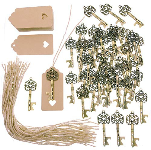 JZK 50 x Abrebotellas llave antigua con etiquetas kraft y cuerda de yute, llavero de bronce vintage para boda rústica regalos invitados fiesta favores detalles comunion recuerdo