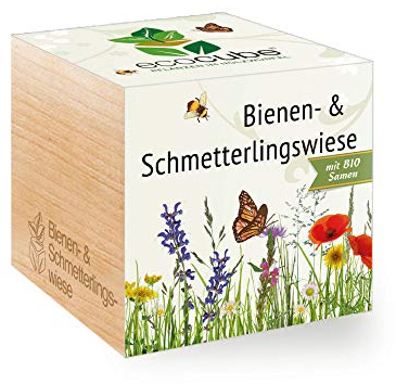 Bienen- & Schmetterlingswiese im Holzwürfel mit Bio-Samen