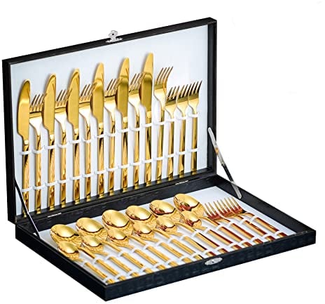 Velaze 30-Piece Gold Silverware Set Cutlery Set, 18/10 Stainless Steel Cutlery Set for 6 People Include Dinner Spoon, Dinner Fork, Dinner Knife and Dessert Fork, Mirror Polished Design