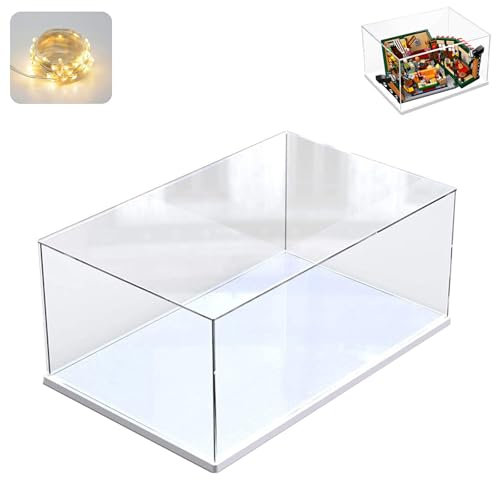 ELEpure Transparente Acryl-Vitrine für Lego Central Perk 21319 Spielzeug-Montage, transparente Acryl-Box, staubdichter Schutz, Vitrine mit weißer Holz-Kunststoff-Basis (33x24.9x17.8 cm; 33x25x17 cm)