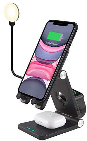 4 in 1 Wireless Charger, Charging Station for iPhone 12/12 Pro/12 Pro Max/11/11 Pro/11 Pro Max/XS Max/XR/XS/X/8/8 Plus, Dock for AirPods 2/Pro with Fill Light, Stand for Other Qi-enabled Phones