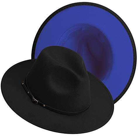 Fedora-Hüte mit breiter Krempe für Damen und Herren, klassischer Filz-Panama-Hut, zweifarbiger Kleid mit Gürtelschnalle, außen schwarz innen blau, large