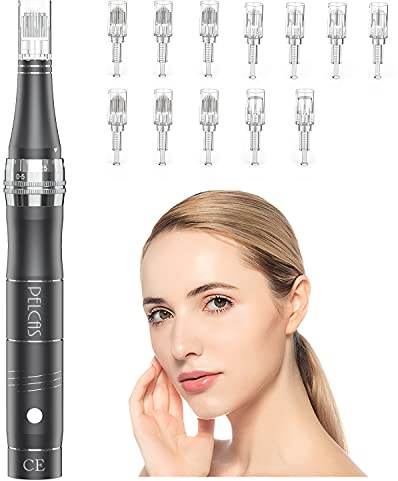 PELCAS Wiederaufladbarer 9 Stufen Derma pen Auto Derma Micro Needle Roller Electric Pen mit LCD-Bildschirm inkl. 12 Nadelköpfe Tragbares Microneedling Schönheit Gerät