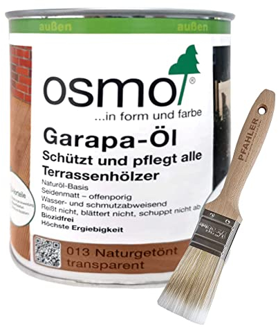 Osmo Garapa-Öl 013 Naturgetönt transparent Terrassen-Öl (0.75 L) + Flächenstreicher Pinsel von Pfahler