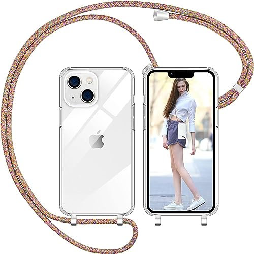 Nupcknn Funda Silicona con Cuerda para iPhone 13, Carcasa Suave Silicona Case con Correa Colgante Ajustable Collar Correa de Cuello Cadena Cordón 1.5M (Arcoíris)