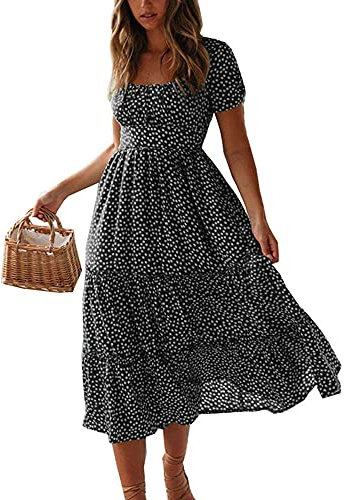 Colisha Womens Short Puff Sleeve Square Neck Floral Midi Dresses Flared Flowy Chiffon Maxi Dress Summer Beach Holiday Sundress S Black