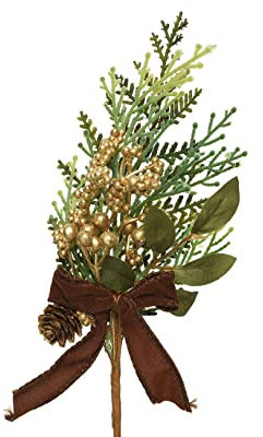 Künstliche Tannenzweige am Stiel 25cm PE Spritzguss mit goldenen Beeren Samtschleife Dekozweige grün