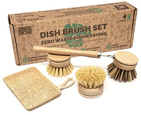 Jungle Culture Premium Washing Up Brushes & Loofah Scourer • Eco Dish Brush Set • Long Handle Bamboo Brush with 3 Replacement Heads • Eco Friendly Dishwashing • Wooden Kitchen Brush Pans Plates Dishes