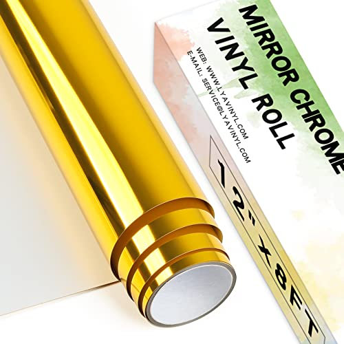 Chrome Mirror Permanent Vinyl Roll,12x 8ft Gold PET Self Adhesive Vinyl for Cricut, Silhouette Cameo, Gold Vinyl Roll for Decor Sticker, Party Decoration