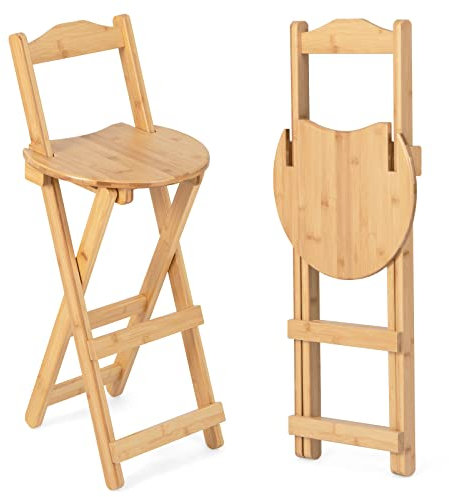 COSTWAY Lot de 2 Tabourets de Bar Pliants en Bambou, Tabouret Haut Chaise Bar Bistro avec Repose-Pieds Poignées, sans Assemblage, Idéal pour Cuisine, Salle à Manger, Salon, 34x28x84cm (2 Tabourets)