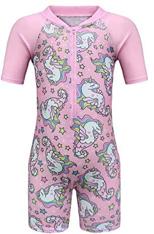 Moneric Girls Swimming Costume Kids One Piece Swimsuit Unicorn Swimwear UV Protection Zipper Bathing Suit Rash Guard Surfing Beachwear Age 7-8 Year Pink