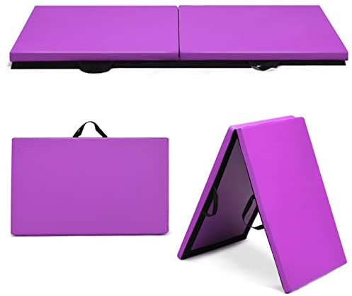 GYMAX Klappbare Trainingsmatte 180 x 60 x 4 cm, Turnmatte mit Griff, Fitnessmatte, Weichbodenmatte mit PU-Oberfläche & Schaumstoff, Gymnastikmatte für Gymnastik, Yoga & Pilates (Lila)