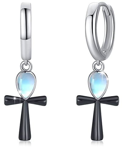 Ankh-Kreuz-Ohrringe für Damen, 925er Sterlingsilber, Ankh-Kreuz-Tropfenohrringe, ägyptische Ohrringe mit Mondstein, Schmuckgeschenke für Frauen