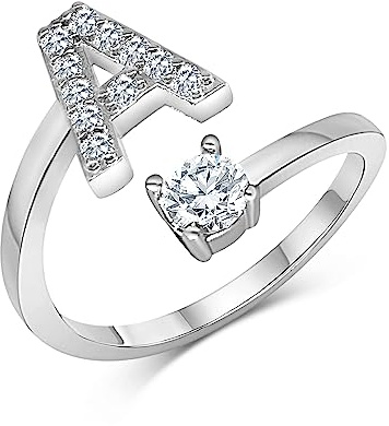 Zelaro Silber Ring mit Buchstabe | Zirkonia Ring mit Initialen | Pärchen Ringe für Mädchen Geschenk für Freundin | Frauen Ring als Schmuck Ringe zum Jahrestag | Verstellbare Ringe in Silber (A)