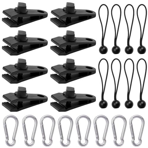 Lot de 24 clips pour bâche de tente, 8 clips de bâche robustes, 8 cordons élastiques pour tente, 8 mousquetons pour camping, auvents, bâches de couverture, caravanes