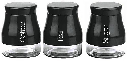 ARA CHOICE Set of 3 Kitchen Storage Canisters Tea Coffee Sugar Jars Pots Containers Caddy Stylish Matt Black Glass with Screw Lid Jar Pots Food Containers Kitchen Storage Canister Set 700ml