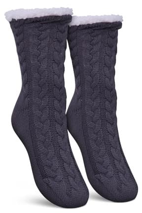 Bestlivings Haussocken Damen mit Teddyfutter - Hüttensocken mit Anti-Rutsch-Sohle - ABS Norweger Socken Zopfmuster - Kuschelsocken Einheitsgröße Stopper (Grau (1 Paar))