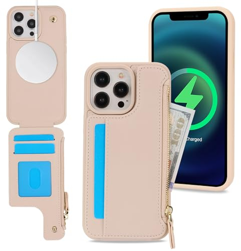 SailorTech iPhone 14 Pro Etui mit Kartenhalter, iPhone 14 Pro Hülle mit Reißverschluss Kartenfach Geldbörse für iPhone 14 Pro Handyhülle Lederhülle - Beige