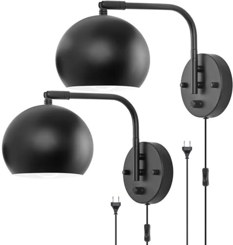 Vintage Verstellbare Wandlampe Dimmbar mit Schalter, Schwarz Metall Wandleuchte Nachttischlampe mit Stecker und Kabel, E27 Retro Industrial Wand Leselampe für Wohnzimmer, Schlafzimmer, Büro,2 Stück
