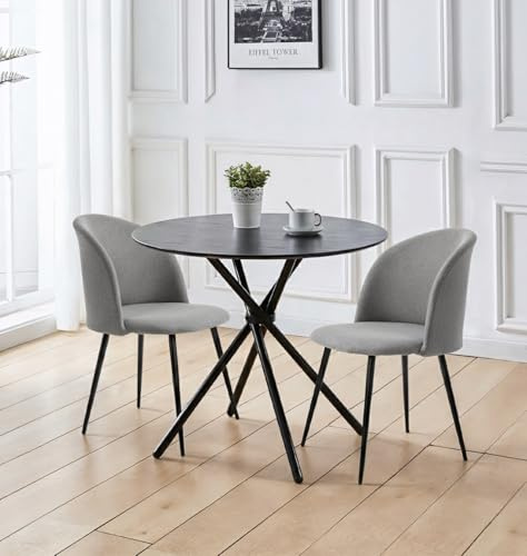 Hallowood Furniture Cullompton Small Black Dining Table and Chairs Set 2 | Round Kitchen Table and Chairs Set 2 in Scoop Back Light Grey Fabric Upholstery, Dining Room Sets for Home, Apartment, Office