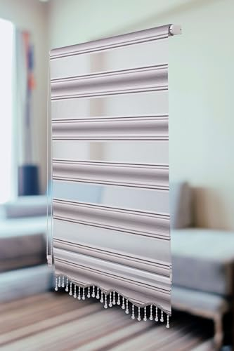 PlisseeOnline Doppelrollo Klemmfix ohne Bohren Grau Weiß Glitzer mit Perlen Duo Rollo für Fenster und Türen Plissee Rollo Gardine 70 x 200 cm Blickdicht Klemmrollo mit Perlen Seitenzugrollo