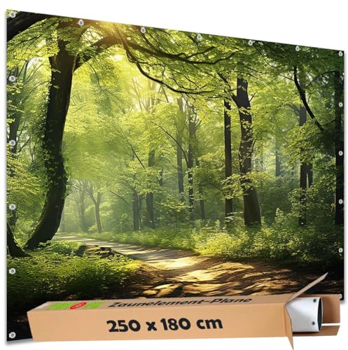 TRIOSK Sichtschutz Garten Deko Zaun Plane Blickdicht groß mit Zaunblende Motiv Wald Waldweg Baum Weg für Zaunelement Doppelstabmatten Stabmattenzaun Gartenzaun PVC 250x180 cm