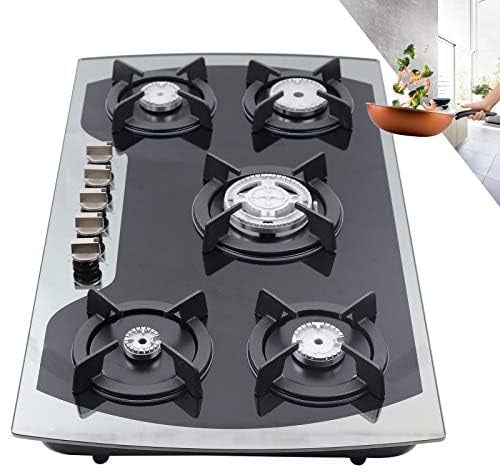 HINOPY Cocina de gas con 5 fuegos, 90 cm, cristal templado, acero inoxidable, para gas natural y propano
