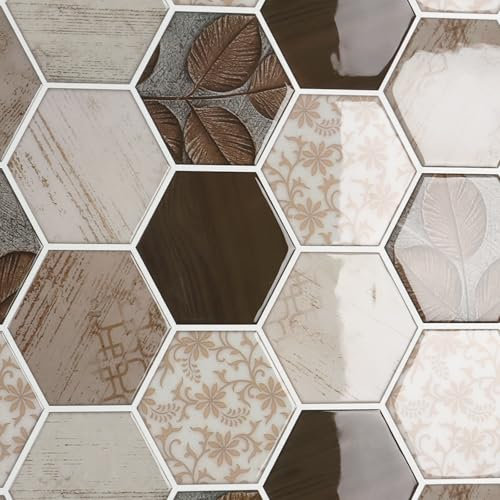 CRE8TIVE Azulejos Adhesivos Vintage Hexágono Marrón para Cocina y Baño - 16 Piezas Baldosas Adhesivas Pared Efecto Madera, Impermeable Vinilos Lavadero Cenefa 30.5cm x 30.5cm