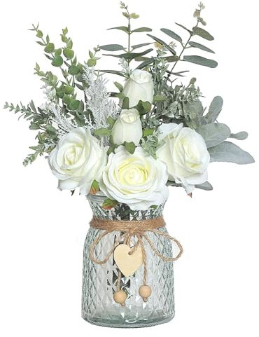 Flores Artificiales con Florero de Seda, Juego de Botellas de Cristal con Flores Artificiales Y Jarrón de Cristal, Adecuado para Sala de Estar, Mesa de Comedor, Oficina, Boda, Hotel,(Blanco)