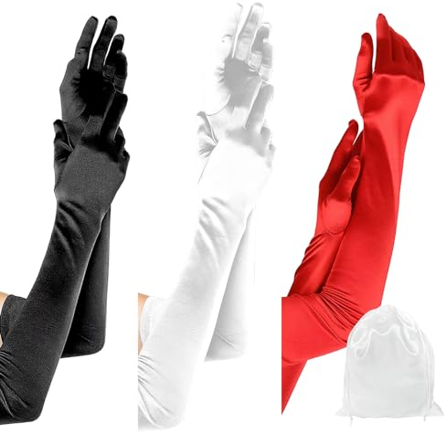 ZOCONE 3 Pairs Long Satin Gloves for Women - White, Red, Black with Storage Bag - Opera Elbow Gloves for Fancy Dress, Wedding, Prom, Evening, Bridal Party