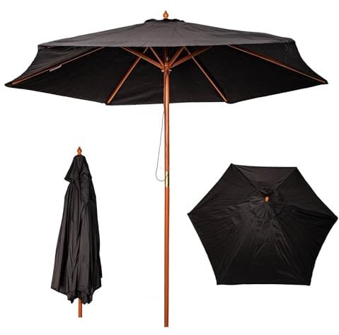 Samuel ALEXANDER 2.4m Wooden Garden Patio Sun Shade Parasol Shaft & Pulley in Black, Patio Beach Outdoor Garden umbrella Parasol