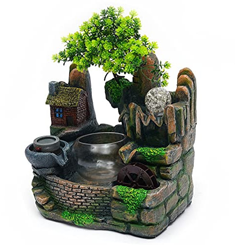 Zimmerbrunnen Tischbrunnen Wasserfallbrunnen LED Tisch Ornament mit Beleuchtung Desktop Pflanze für Schlafzimmer Arbeitszimmer Büro