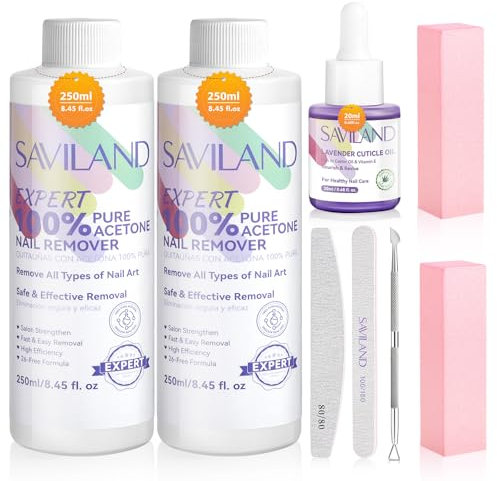 SAVILAND Acetone Nail Polish Remover Kit: 2 Pcs 250ml Nail Polish Remover Safe Removal Gel Polish Remover with Cuticle Oil Removal Tools for Gel Polish Acrylic Dip Powder Salon Home