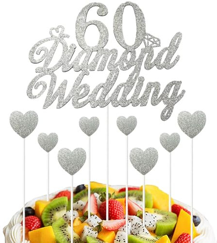 60th Wedding Anniversary Cake Toppers Set, Silver Glitter Wedding Anniversary Heart Cake Decorations for 60th Diamond Wedding Celebration Party Supplies