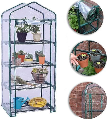 Faboer 4 Tier Mini Greenhouse for Indoor & Outdoor Use | Durable Steel Frame with Shelves | Clear PVC Cover | Ideal for Growing Vegetables, Flowers, Herbs, and Seedlings