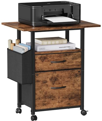 GYIIYUO 2 Drawer File Cabinet with 24'' Extended Desktop, Mobile Filing Cabinet, Rolling File Cabinet with Side Bag, Fabric Drawer, Fits A4/Letter Size, Printer Stand Home Office, Light Brown