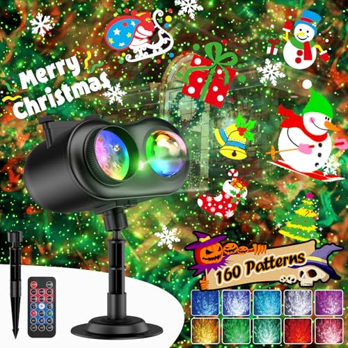 3 in 1 Halloween Projector Outdoor with Firefly & Ocean Wave Light, 160 HD Patterns Halloween Decor, 3D Dynamic Christmas Holiday Snowflake Projector Waterproof w/Timer for Outdoor Indoor Light Show