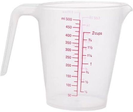 Taza medidora de plástico de 500 ml, taza medidora de alimentos con asa, resistente al calor, jarra graduada para hornear, harina, aceite, polvo, jarras de cocina transparentes