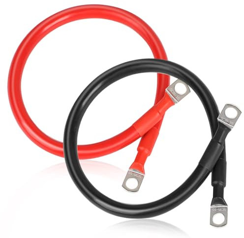 SWAWIS 2 Piezas Cable Bateria Coche M10 50cm Cable 35mm² Cable de Batería 12V/24V con Terminales de Anillo para Solar Moto Cable de Batería de Coche a Tierra, Negro + Rojo