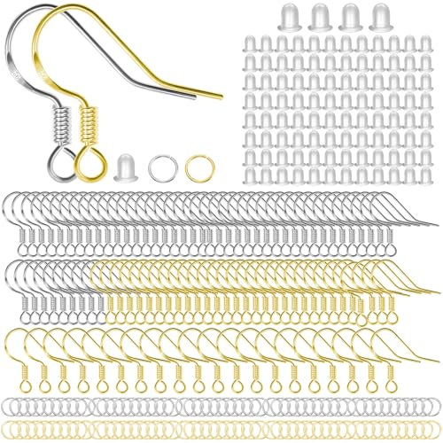 DITK-U 300 Stück Ohrring Making Kit 925 Ohrringe Selber Machen set Hypoallergene Ohrringhaken mit Gummi Ohrstopper und Spule für Schmuck Herstellung Ergebnisse Gold/Silber