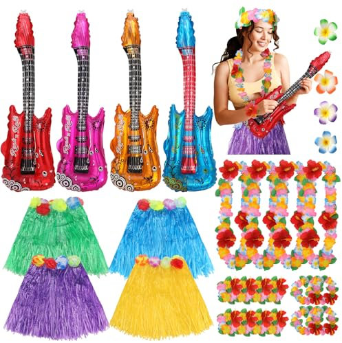 taonganui 16 Stück Hawaii Outfit Damen mit Blumenkranz, Hawaii Hula RockHaarklammer, Gitarren Folienballon für Sommer Beach Party Deko