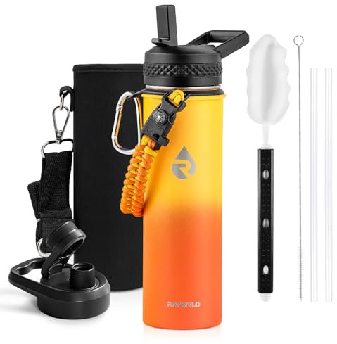 RAYMYLO Insulated Water Bottle 20 oz, Triple Wall Vacuum Stainless Steel (Cold for 48 Hrs), Leak Proof & Non-BPA, Kids Water Bottle Jug for School with Straw Spout Lids, Ombre Orange