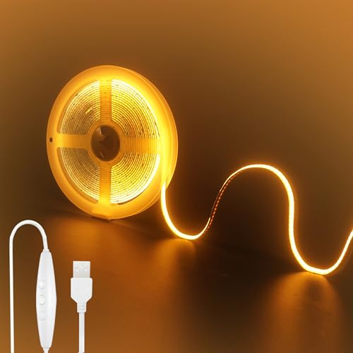 Clearhill 5V USB COB luces de tira led con interruptor dimmable, 9.84FT / 3M, naranja, 320LEDs / M, ancho de 8mm, no impermeable IP20, cable de interruptor USB de 1.5M