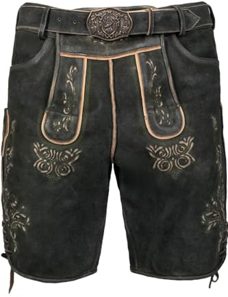 Edelnice Trachtenmode Kurze Wildbock Lederhose Friedl dunkel mit gruener Stickerei