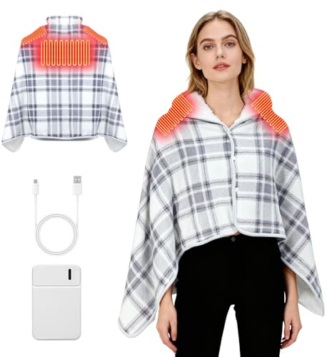 Gkstly USB Plaid Electric Heated Shawl Blanket, Women Multiway Plaid Poncho Shawl Wrap Fleeced Wearable Blanket, Fleece Wearable Heated Blanket with Snap Closure Comfy Poncho Wrap, 3 Temp Settings