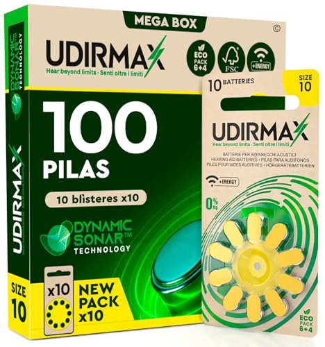 100 Batterien für Hörgeräte PR70 Größe 10 Gelb - 1,45 V Udirmax Zink-Luft mit Dynamischer Sonartechnologie - Eco Packmaß - 10 Eco Blister mit 10 Batterien
