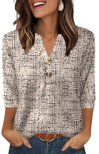 Aokosor Womens 3/4 Sleeve Tops Ladies Blouse V Neck Tunic Long Sleeve T Shirts Curved Hem Office Wear Beige Boho Flora Top Plus Size 6-8 for UK