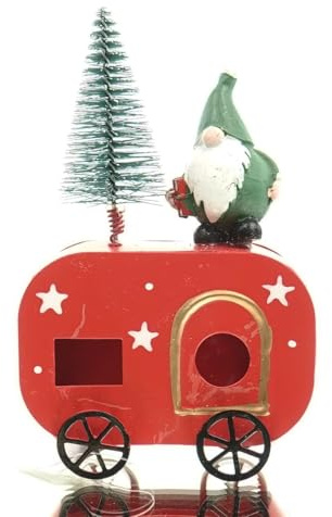 Generisch Gasper Weihnachtsdeko Wohnwagen mit Wichtel Rot & Grün 15,5 cm - Metall & Poly
