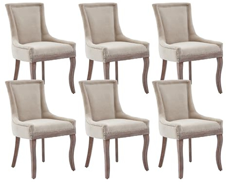 Shenyon Beige Esszimmerstühle 6er Set, gepolsterte Küchenstühle aus Stoff | Landhausstil; hohe Rückenlehne; Ziernägel; gebogene Massivholzbeine; bequemer Sitz; stabile Konstruktion; einfache Montage